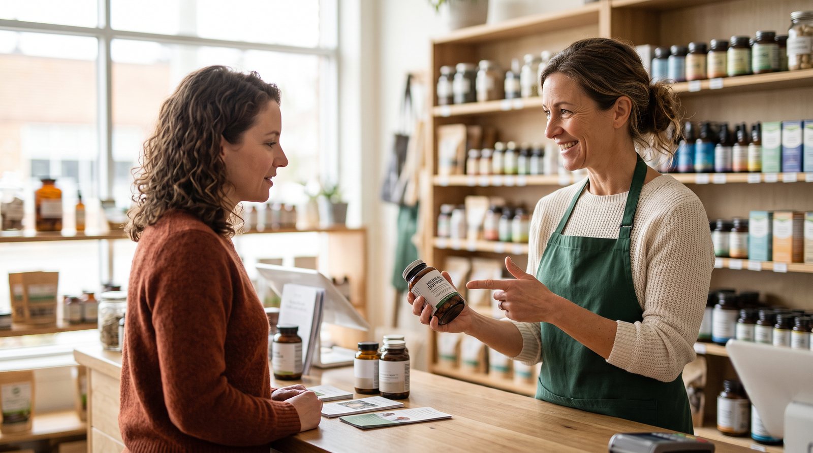 A natural health retailer advising a customer about licensed supplements at a store counter in Canada