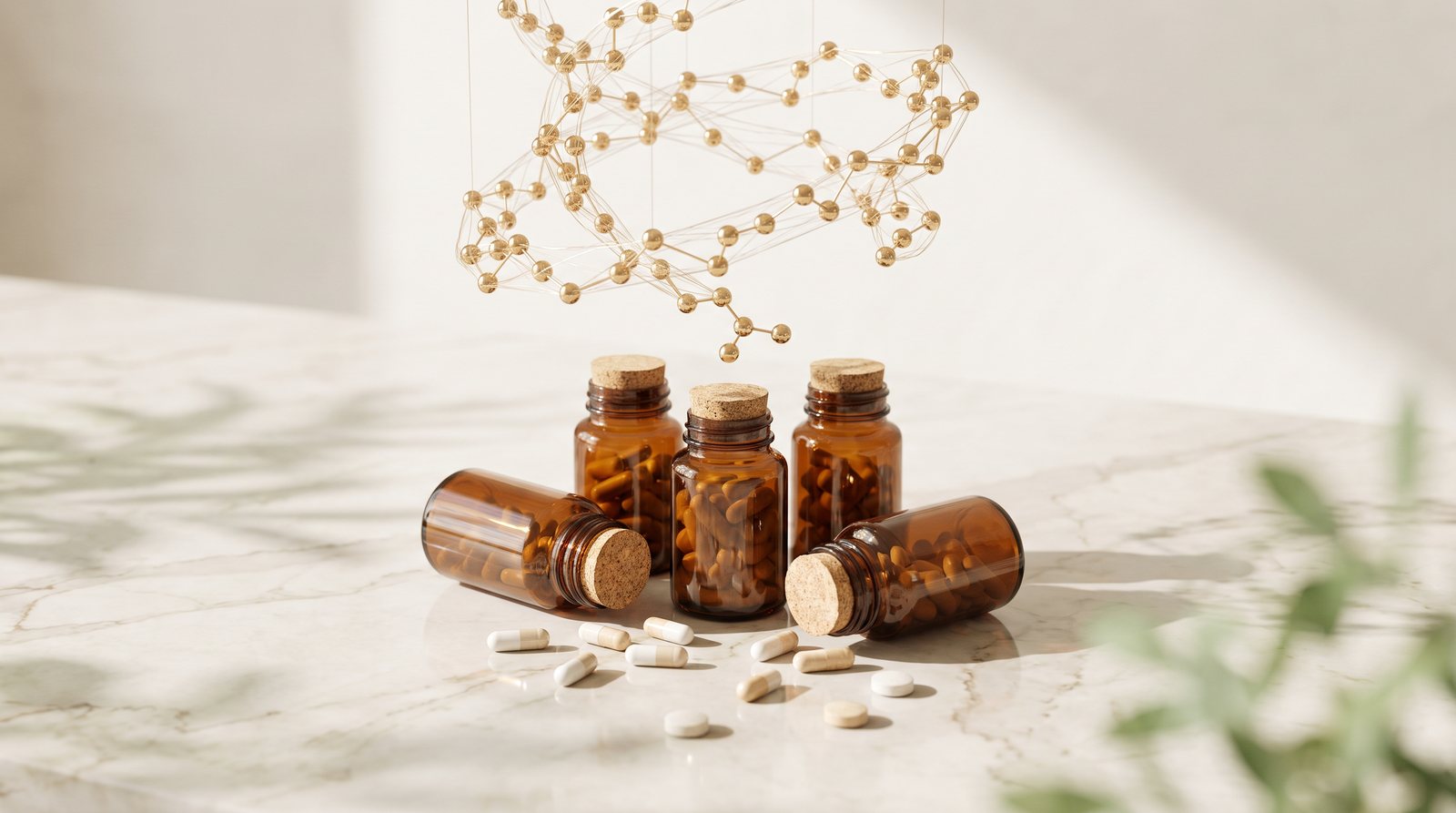 Amber supplement vials and capsules beneath a gold amino-acid peptide chain, illustrating how peptides work