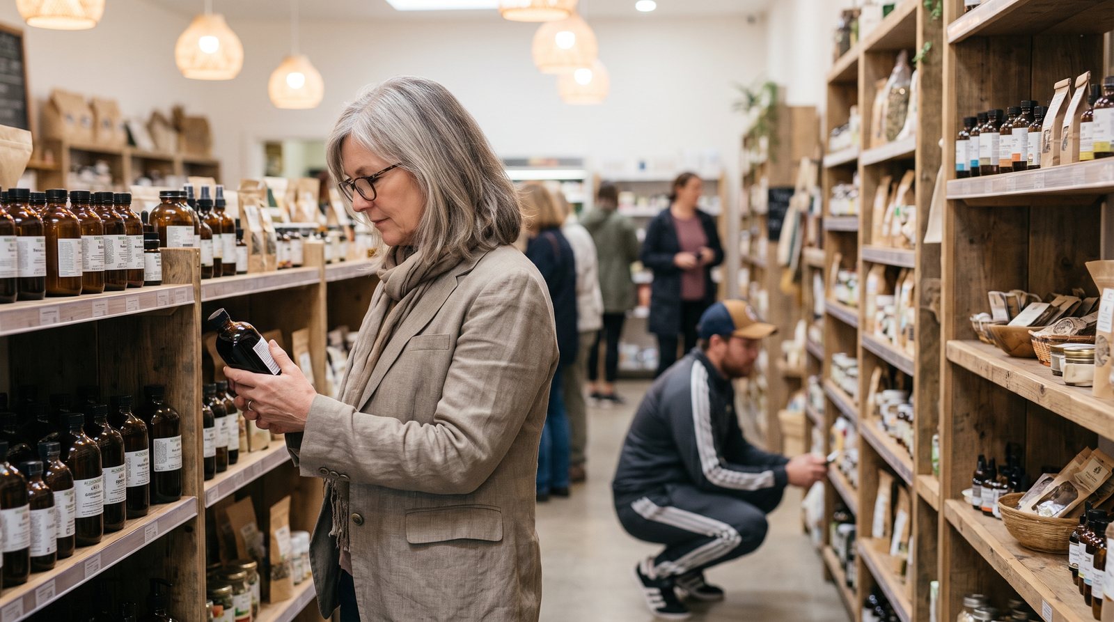 An older female shopper reading a supplement label while a younger male shopper browses behind her in a natural health store