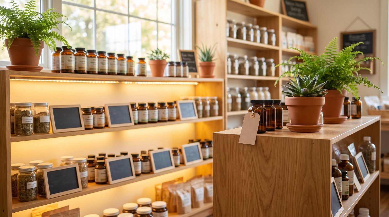 A well-merchandised natural health store display with grouped supplement sets, blank chalkboard shelf signs and plants