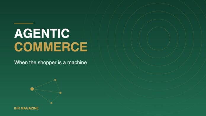 Agentic commerce graphic showing an AI agent network connecting to natural health retail shelves