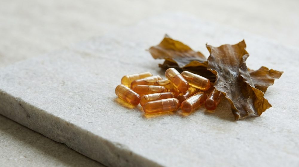 Fucoidan supplement capsules beside dried brown seaweed, an emerging prostate health ingredient