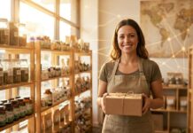 Forget the Warehouse: How IHR Magazine Turns Independent Shelves Into a Single Network Independent natural health food store owner holding a shipping parcel in her shop, with a world map and glowing network lines behind her, symbolizing a store connected into a larger retail network.