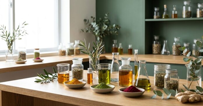 ingredients-featured Natural botanical ingredients and plant extracts in a laboratory setting — natural ingredients industry