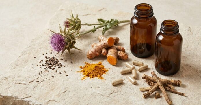 liver-featured-photo Milk thistle, turmeric root and powder, dandelion root and supplement capsules — liver wellness supplements