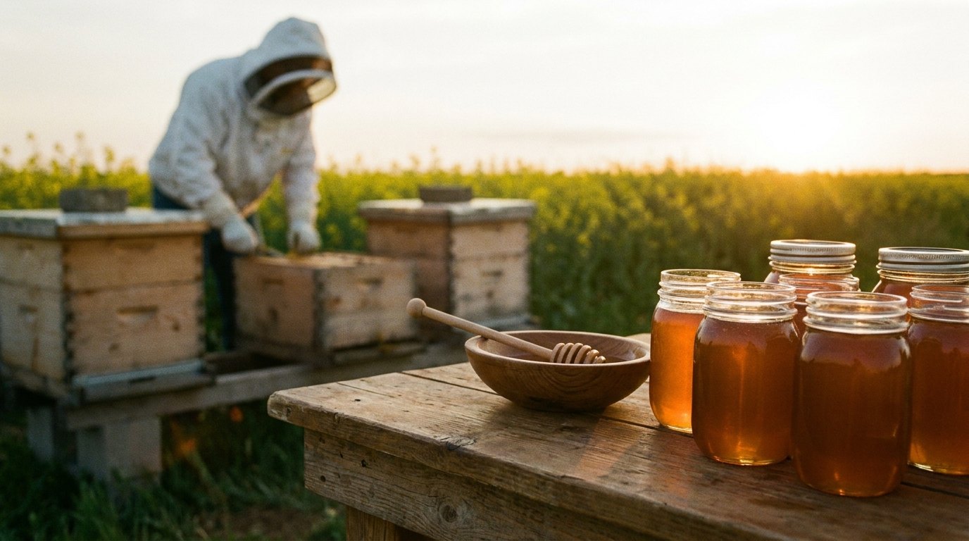 Jars of golden honey on a farm stand table with a beekeeper working hives in a canola field behind
