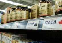 The T Is Back: What Loblaw’s Tariff Labels and Ottawa’s Counter-Tariff List Mean for Natural Health Grocery shelf label showing a triangle T tariff symbol beside a maple leaf Canadian product tag, supplement bottles above