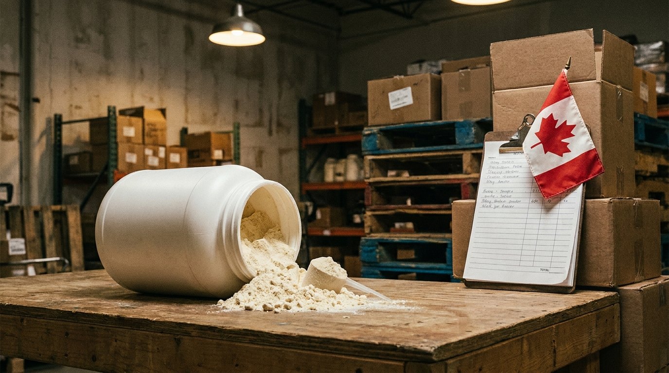 Tub of whey protein powder spilling onto a warehouse table beside shipping boxes and a small Canadian flag
