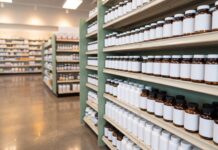 Canada’s Biggest Supplement Brand Was Priced as an Export Asset Kirin Jamieson Wellness acquisition - Canadian vitamins and supplements on a pharmacy shelf, illustrating foreign ownership of Canada's largest VMS brand.