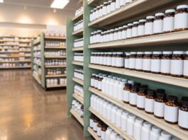 Canada’s Biggest Supplement Brand Was Priced as an Export Asset Kirin Jamieson Wellness acquisition - Canadian vitamins and supplements on a pharmacy shelf, illustrating foreign ownership of Canada's largest VMS brand.