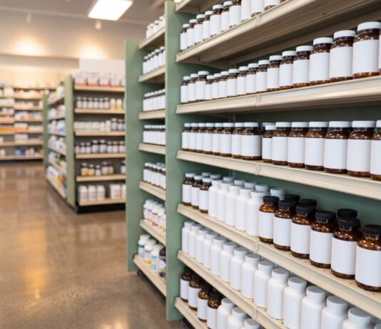 Canada’s Biggest Supplement Brand Was Priced as an Export Asset Kirin Jamieson Wellness acquisition - Canadian vitamins and supplements on a pharmacy shelf, illustrating foreign ownership of Canada's largest VMS brand.