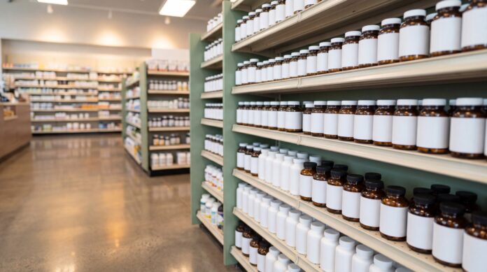 Kirin Jamieson Wellness acquisition - Canadian vitamins and supplements on a pharmacy shelf, illustrating foreign ownership of Canada's largest VMS brand.