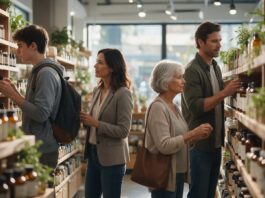 Pycnogenol® and the New Brain-Health Shopper: What the Research Shows at Every Life Stage A university student, a professional woman, a retired woman and a father browsing the supplement shelves of a Canadian natural health store