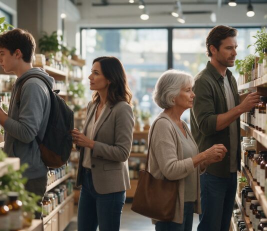 Pycnogenol® and the New Brain-Health Shopper: What the Research Shows at Every Life Stage A university student, a professional woman, a retired woman and a father browsing the supplement shelves of a Canadian natural health store