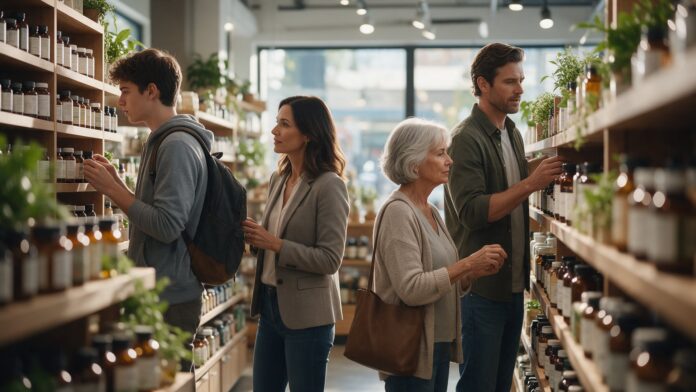 A university student, a professional woman, a retired woman and a father browsing the supplement shelves of a Canadian natural health store