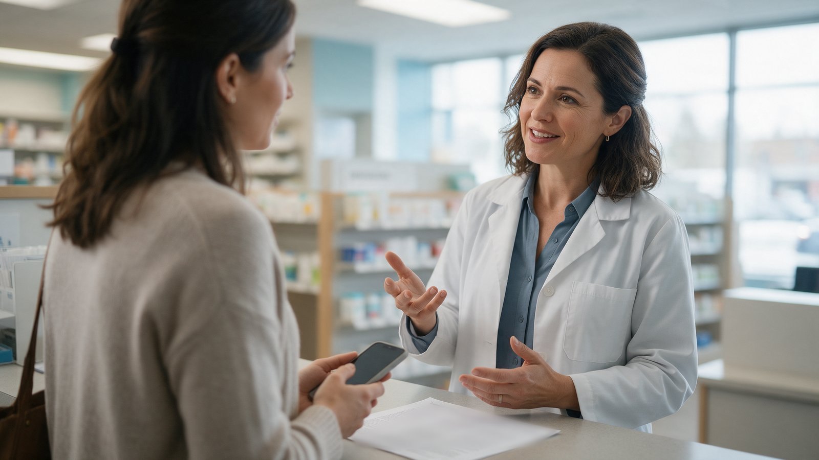 A pharmacist in a white coat talking with a mother at a pharmacy consultation counter, with a printed study on the counter