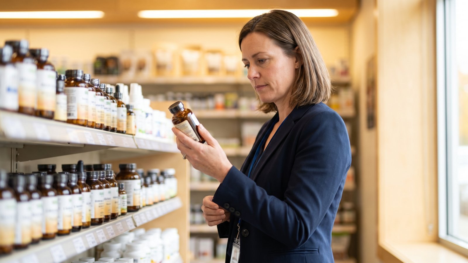 A professional woman in her forties reading a supplement bottle in the stress and energy section of a health store