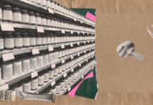 The Under-Fuelled Athlete Is a Real Customer. REDs Is Not a Category Wide torn paper collage of supplement shelving packed with blank unlabelled jars giving way to bare kraft paper, with a scoop and a fragment of wheat field