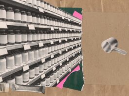 The Under-Fuelled Athlete Is a Real Customer. REDs Is Not a Category Wide torn paper collage of supplement shelving packed with blank unlabelled jars giving way to bare kraft paper, with a scoop and a fragment of wheat field
