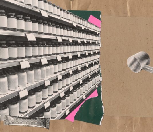 The Under-Fuelled Athlete Is a Real Customer. REDs Is Not a Category Wide torn paper collage of supplement shelving packed with blank unlabelled jars giving way to bare kraft paper, with a scoop and a fragment of wheat field