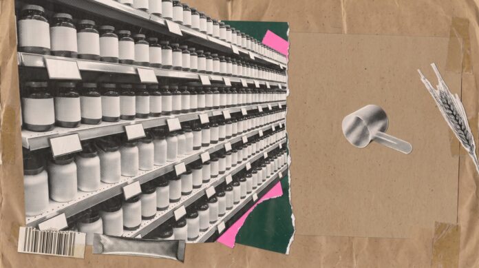 Wide torn paper collage of supplement shelving packed with blank unlabelled jars giving way to bare kraft paper, with a scoop and a fragment of wheat field