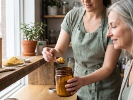 Ubiquinol Just Won a Healthspan Award. Here Is How to Use It on a Canadian Shelf A health store associate showing a customer an open jar of golden CoQ10 supplement powder at a wooden wellness shelf
