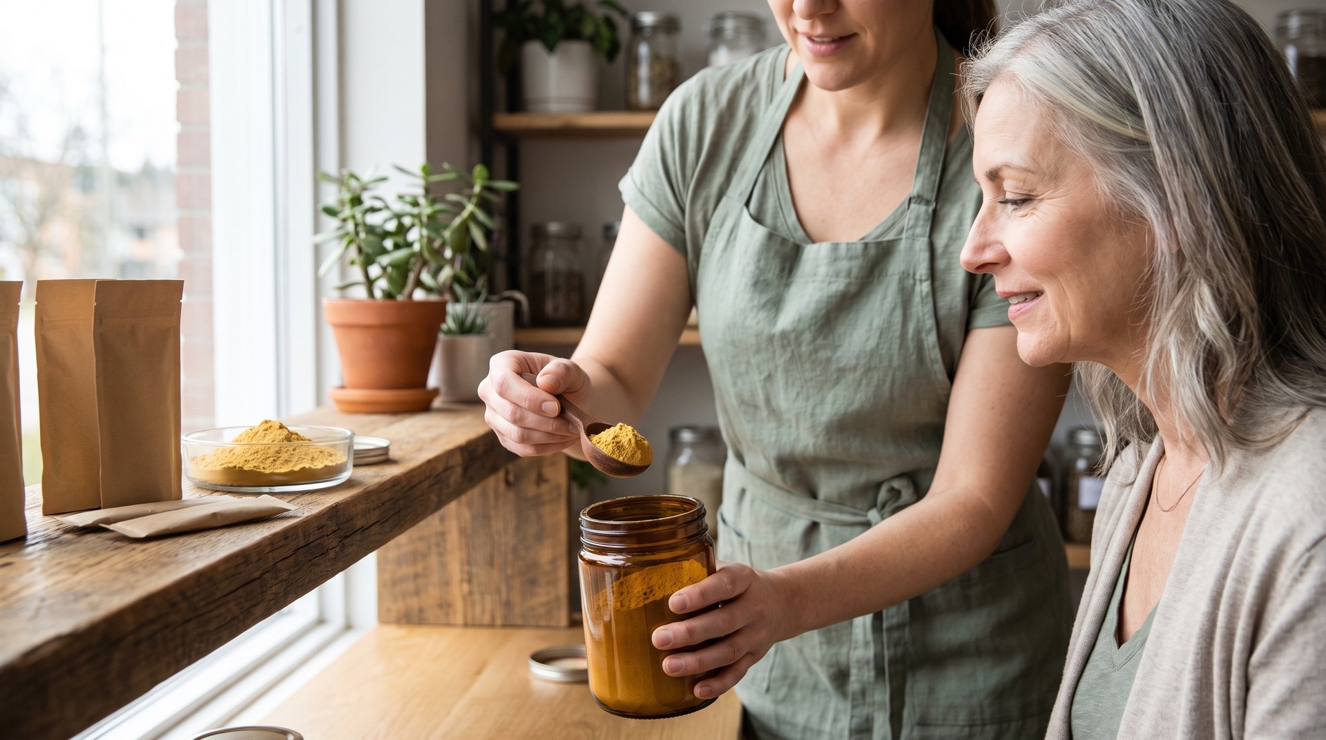 A health store associate showing a customer an open jar of golden CoQ10 supplement powder at a wooden wellness shelf