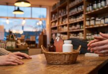 Have That Conversation: What Canadian Health Retailers Need to Know About Kratom A customer's basket at a health food store till holding a tincture, grapefruit juice and capsules, mid-conversation with a store associate