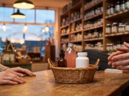 Have That Conversation: What Canadian Health Retailers Need to Know About Kratom A customer's basket at a health food store till holding a tincture, grapefruit juice and capsules, mid-conversation with a store associate