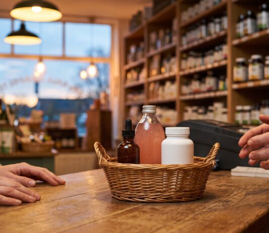 Have That Conversation: What Canadian Health Retailers Need to Know About Kratom A customer's basket at a health food store till holding a tincture, grapefruit juice and capsules, mid-conversation with a store associate