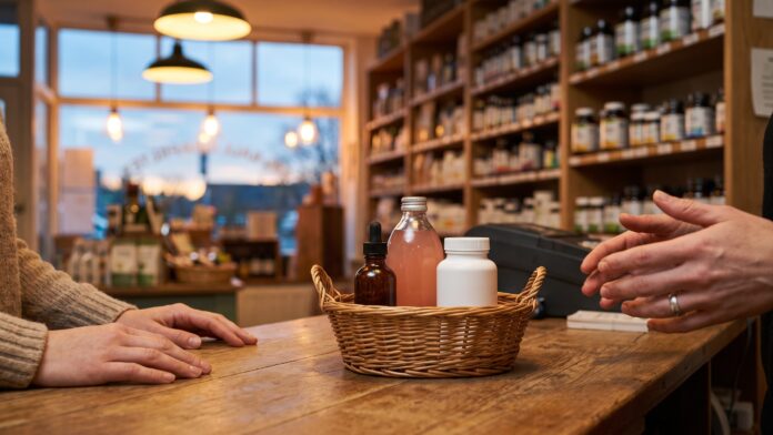 ihr-kratom-have-that-conversation-hero A customer's basket at a health food store till holding a tincture, grapefruit juice and capsules, mid-conversation with a store associate