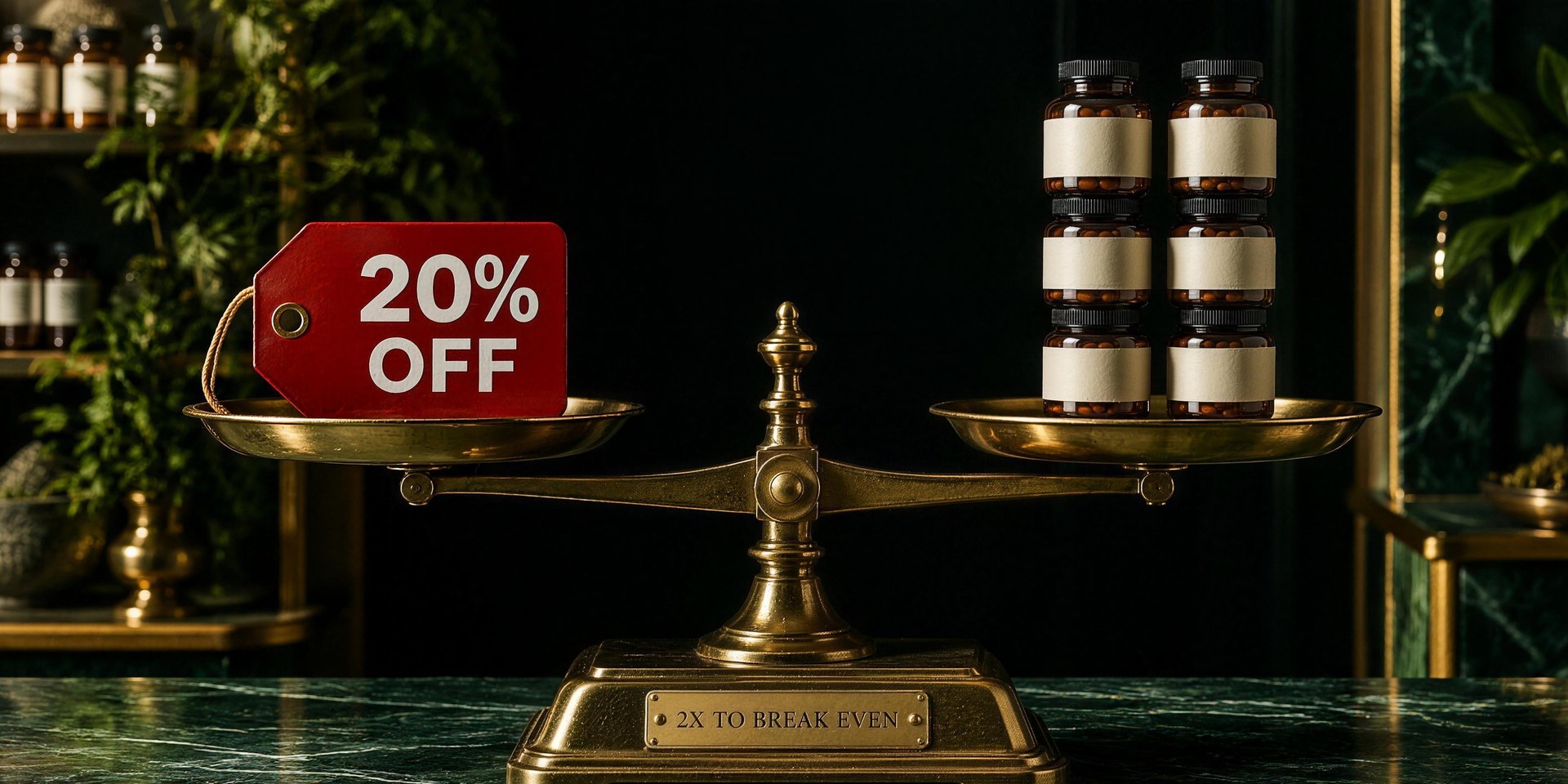 A brass balance scale with a 20 per cent off tag on one side and twice the stock of supplement bottles on the other