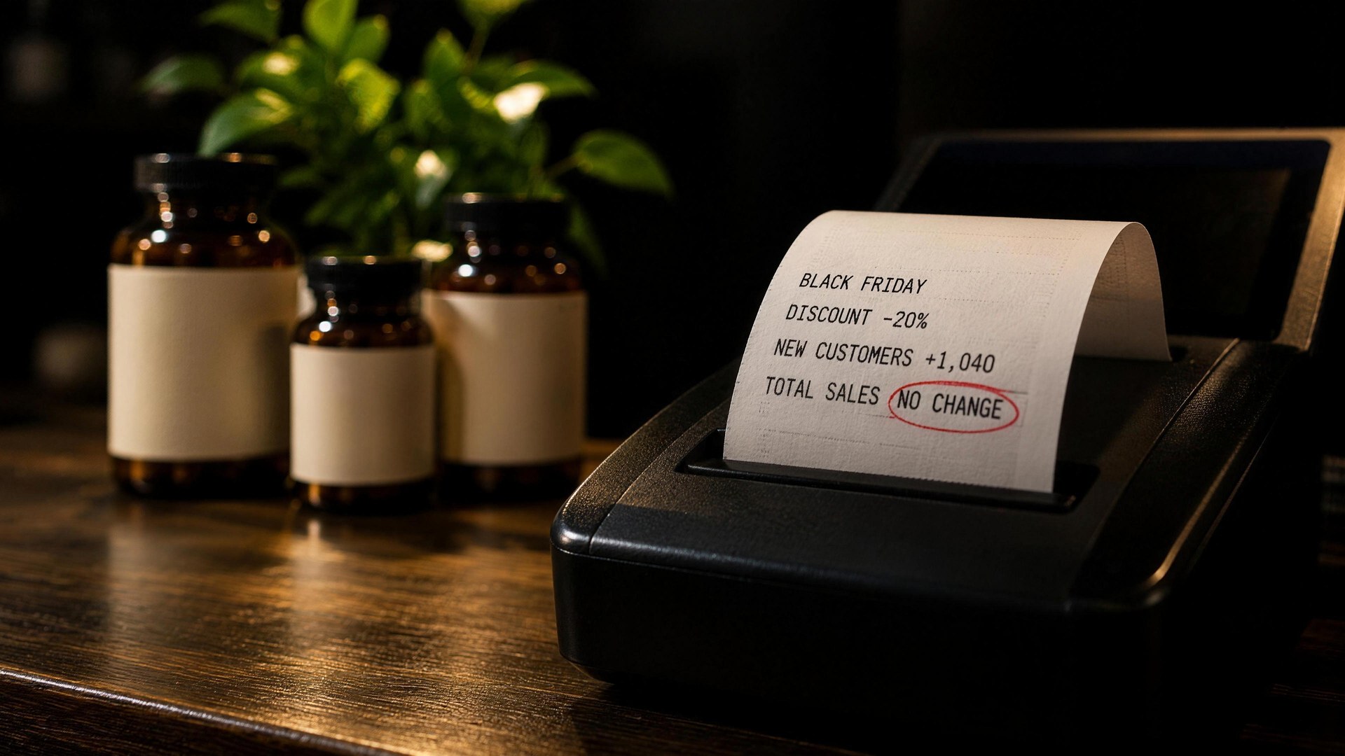 A store receipt reading Black Friday, discount minus 20 per cent, new customers plus 1,040, total sales no change