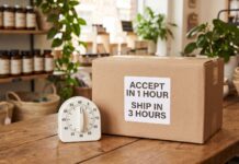 The One-Hour Accept Rule Behind IHR Plugin’s Store Network Shipping box on a health store counter labelled accept in 1 hour, ship in 3 hours, beside a kitchen timer set to 60 minutes