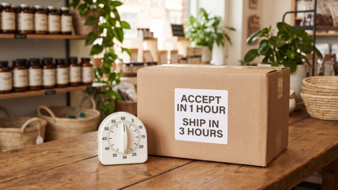 Shipping box on a health store counter labelled accept in 1 hour, ship in 3 hours, beside a kitchen timer set to 60 minutes