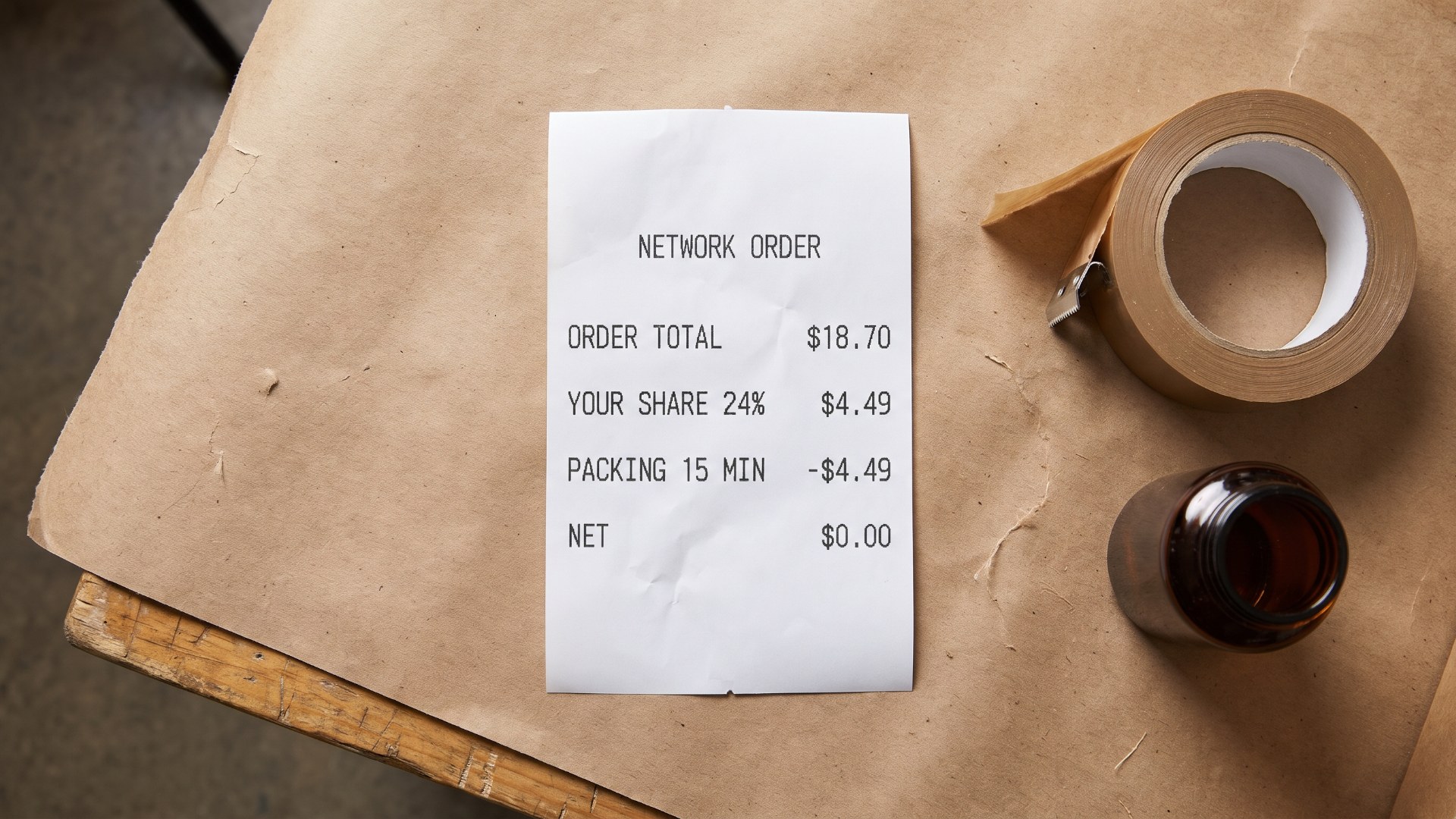 Packing slip reading network order total $18.70, your share 24 per cent $4.49, packing 15 minutes minus $4.49, net $0.00