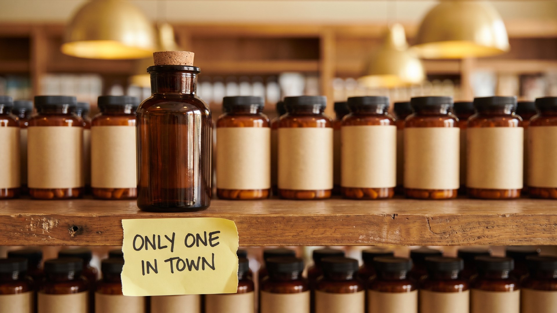 A single distinctive bottle on a health store shelf of common supplements, with a sticky note reading only one in town