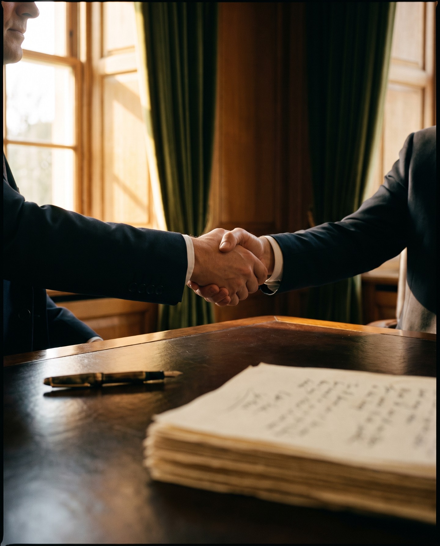 Executives shake hands over a signed acquisition agreement, illustrating the Kirin Jamieson Wellness transaction